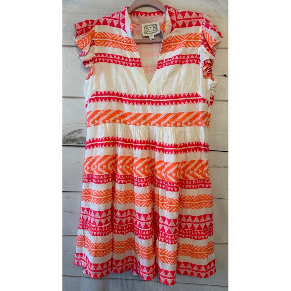 STS Sail to Sable Womens Dress S White Pink Orange Tribal‎ Stripe Flutter Sleeve
